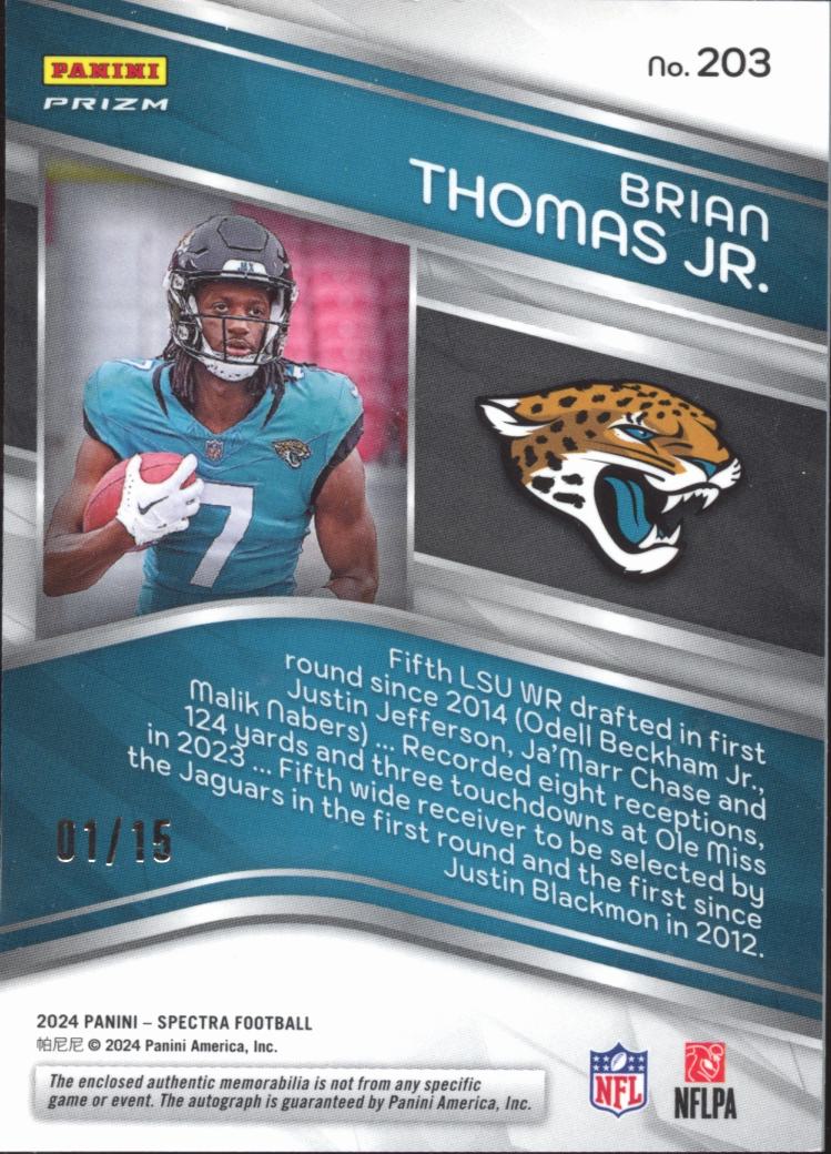 Brian Thomas Jr. 2024 Spectra Auto Autograph Patch RC 1/15 Jacksonville Jaguars