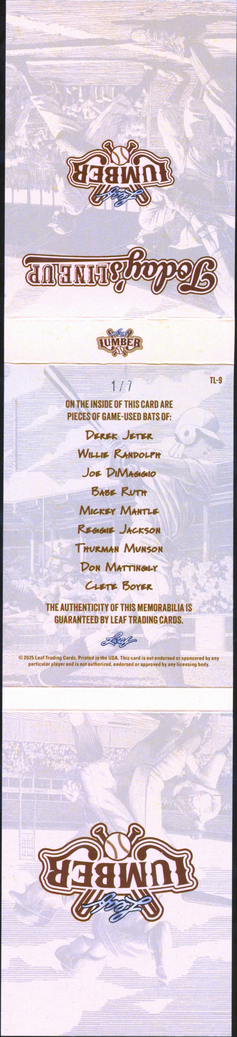 Babe Ruth Mattingly Dimaggio Jeter 2025 Leaf Lumber Game Used Bat 1/7 Yankees