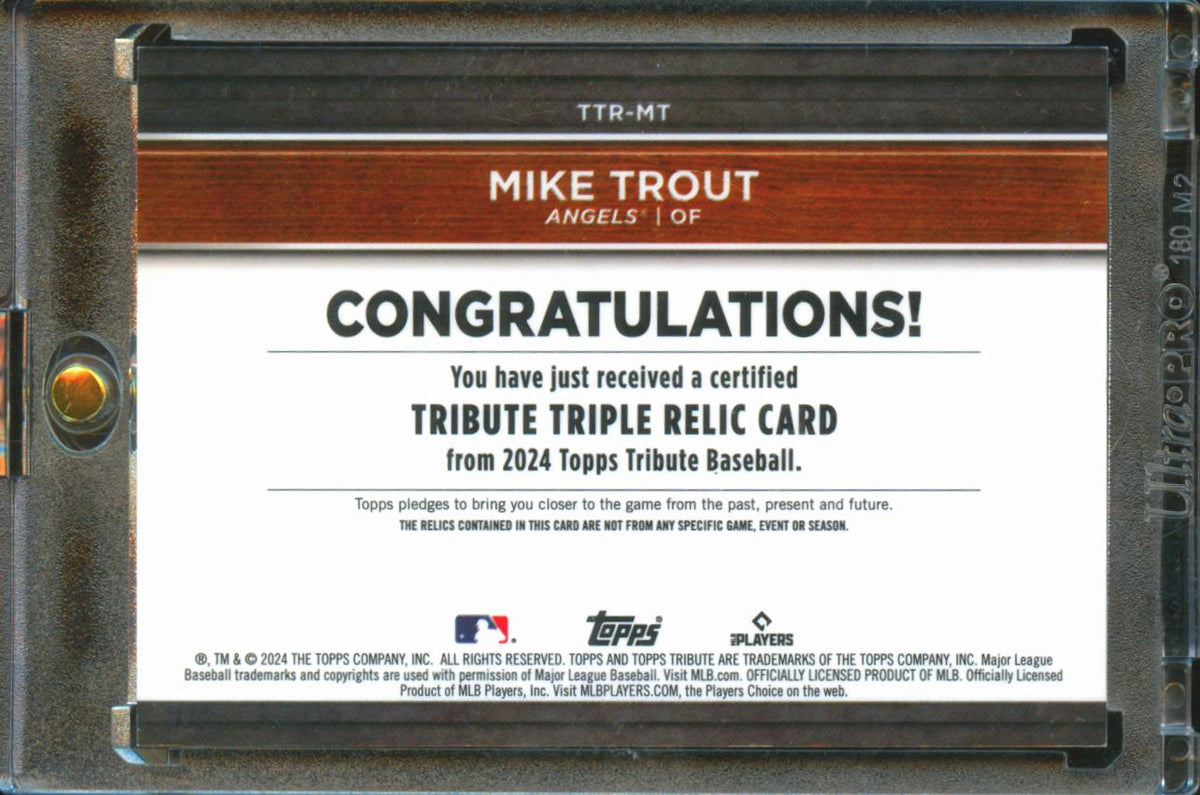 Mike Trout 2024 Topps Tribute Triple Game Worn Patch 36/75 Los Angeles Angels