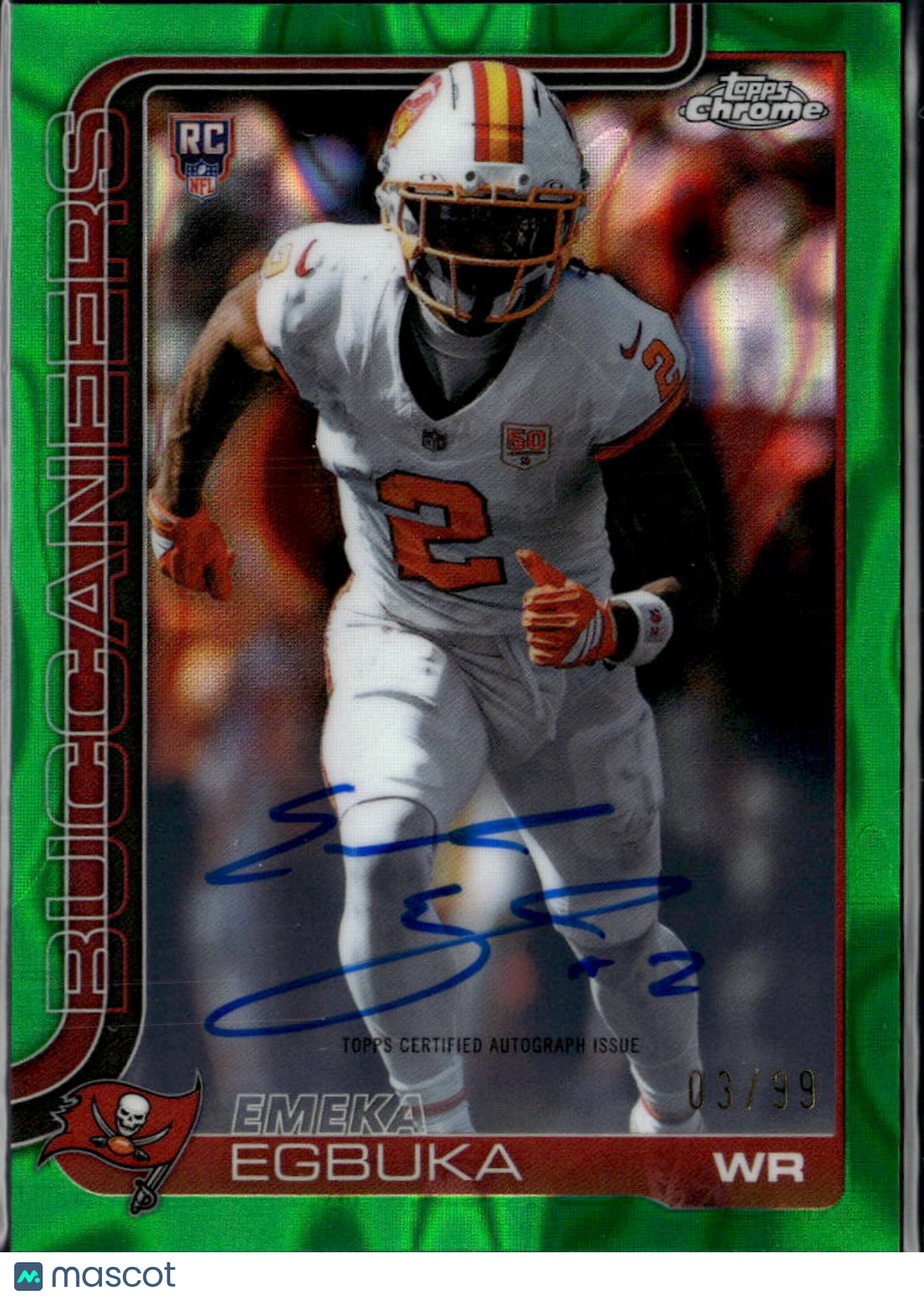 Emeka Egbuka 2025 Topps Chrome Auto Autograph Green RC 3/99 Tampa Bay Buccaneers