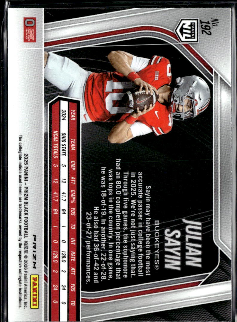 Julian Sayin 2025 Prizm Black Silver Prizm Rookie RC #192 Ohio State Buckeyes