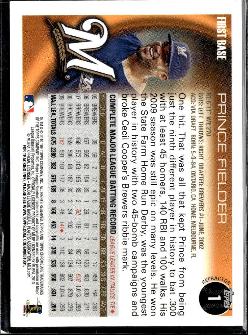 Prince Fielder 2010 Topps Chrome Refractor #1 Milwaukee Brewers