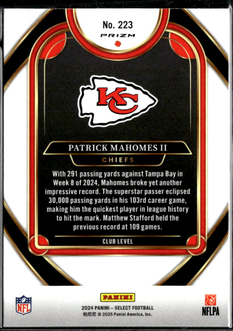 Patrick Mahomes II 2025 Panini Select Club Level Kansas City Chiefs