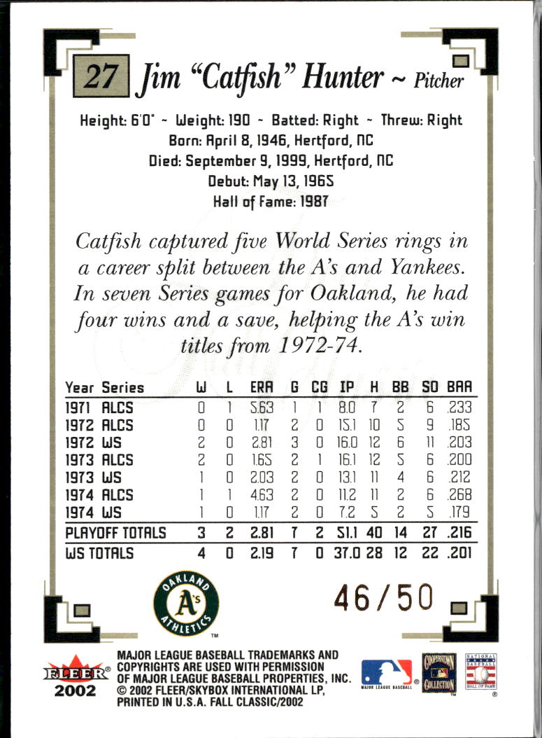 Jim "Catfish" Hunter 2002 Fleer Fall Classic GOLD 46/50 Oakland Athletics