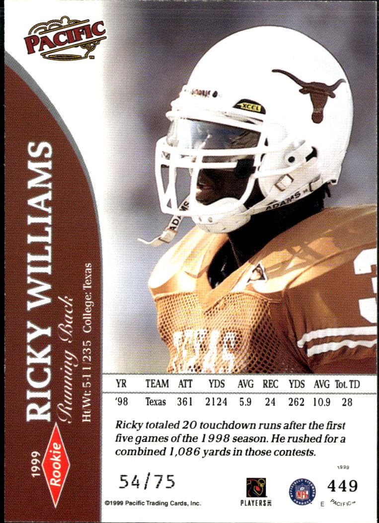 Ricky Williams 1999 Pacific Platinum Blue Rookie RC 54/75 Texas Longhorns