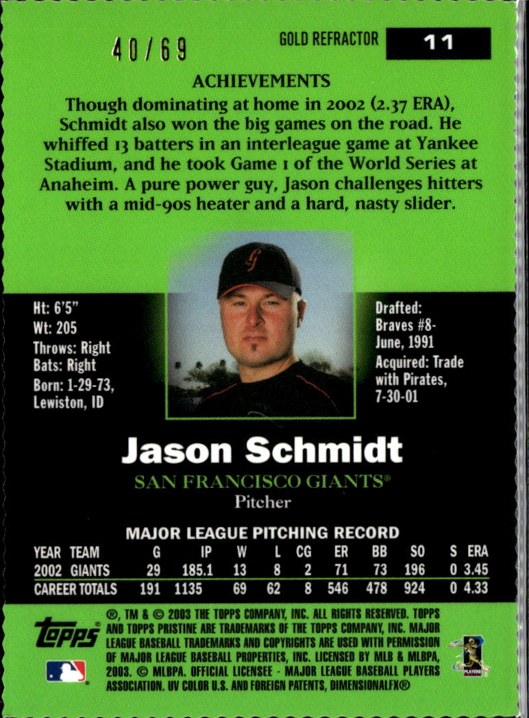 Jason Schmidt 2003 Topps Pristine Gold Refractor 40/69 San Francisco Giants