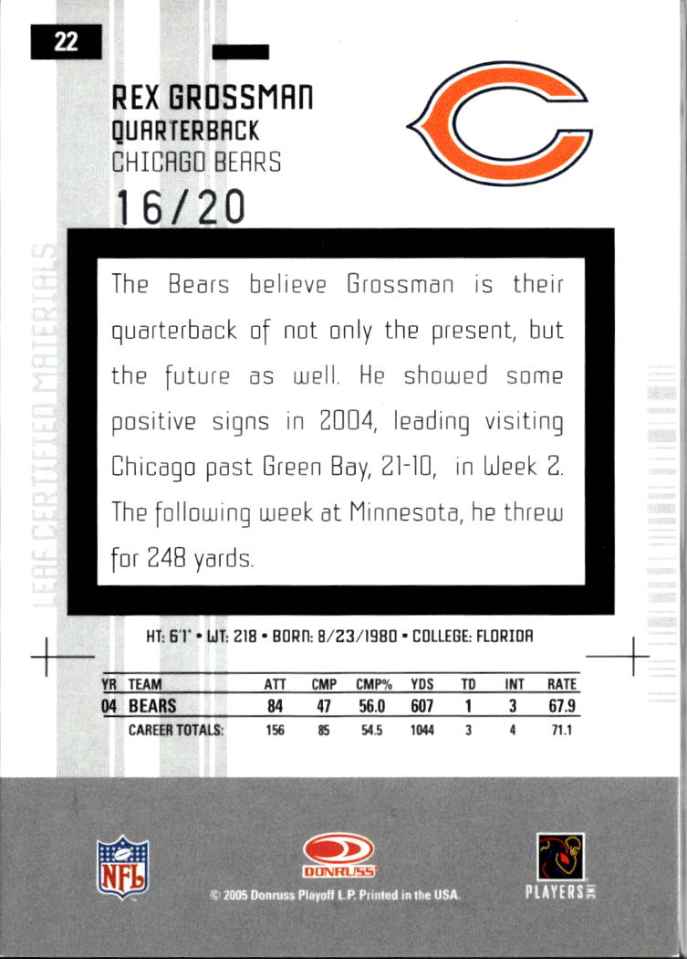 Rex Grossman 2005 Leaf Certified Auto Autograph Red 16/20 Chicago Bears