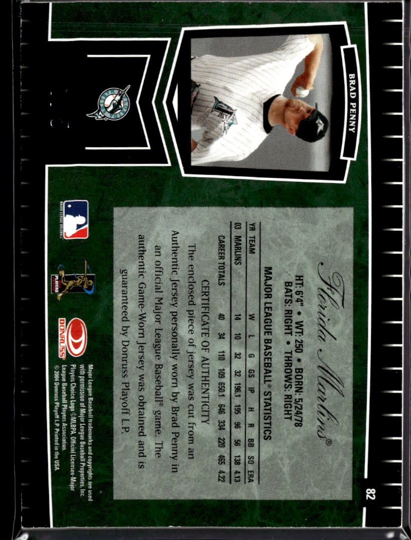 Brad Penny 2004 Playoff Prime Cuts Auto Autograph Patch 1/5 Florida Marlins
