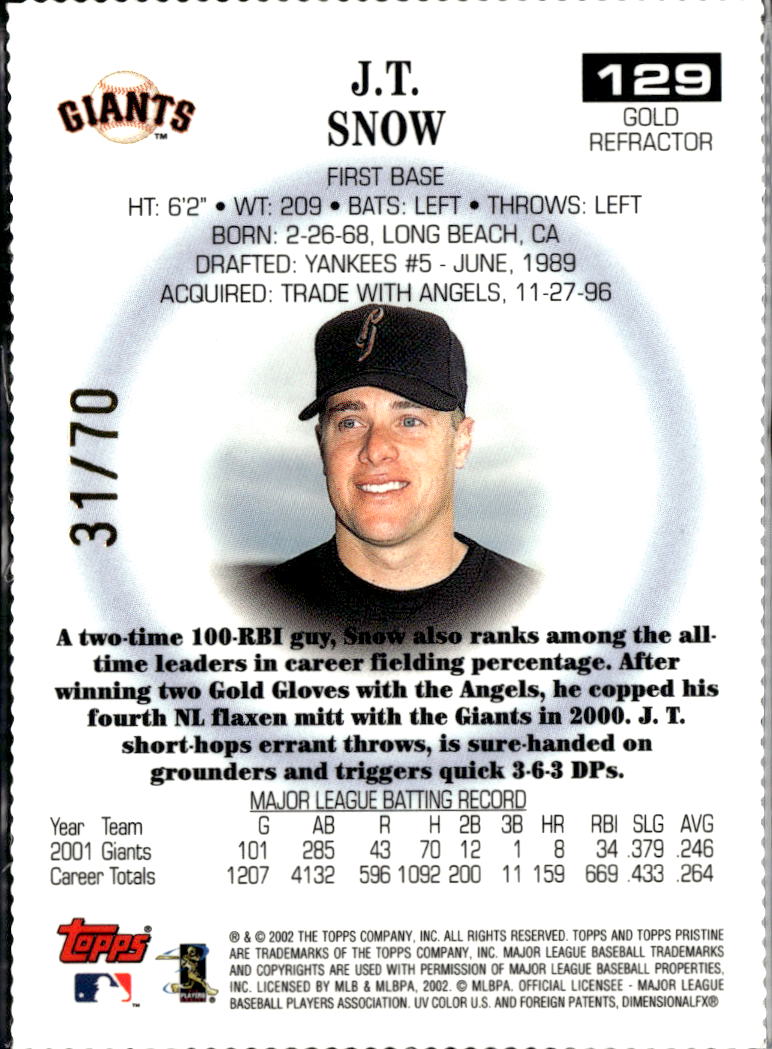 J.T. Snow 2002 Topps Pristine GOLD Refractor 31/70 San Francisco Giants