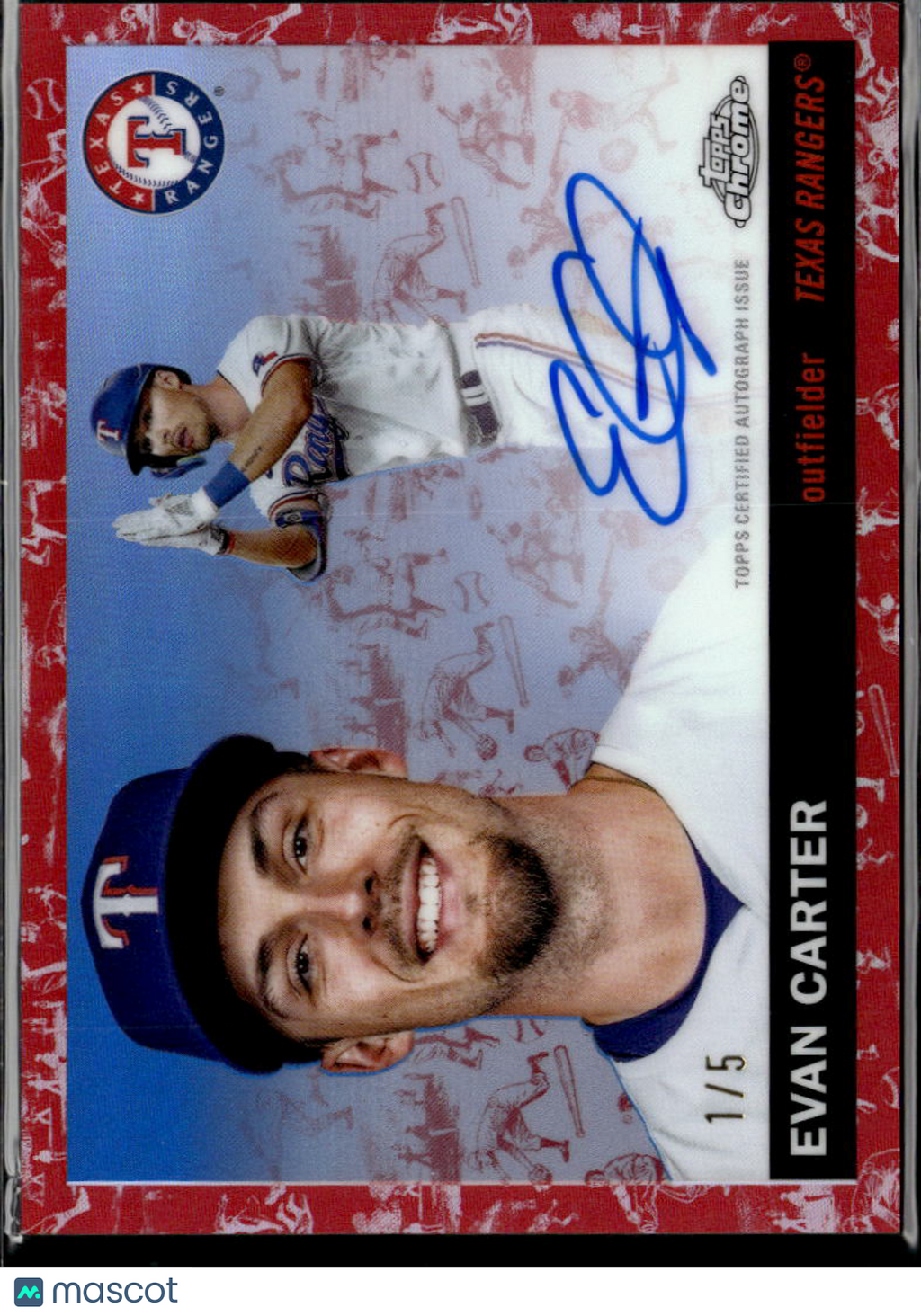 Evan Carter 2025 Topps Chrome Platinum Auto Autograph RED 1/5 Texas Rangers