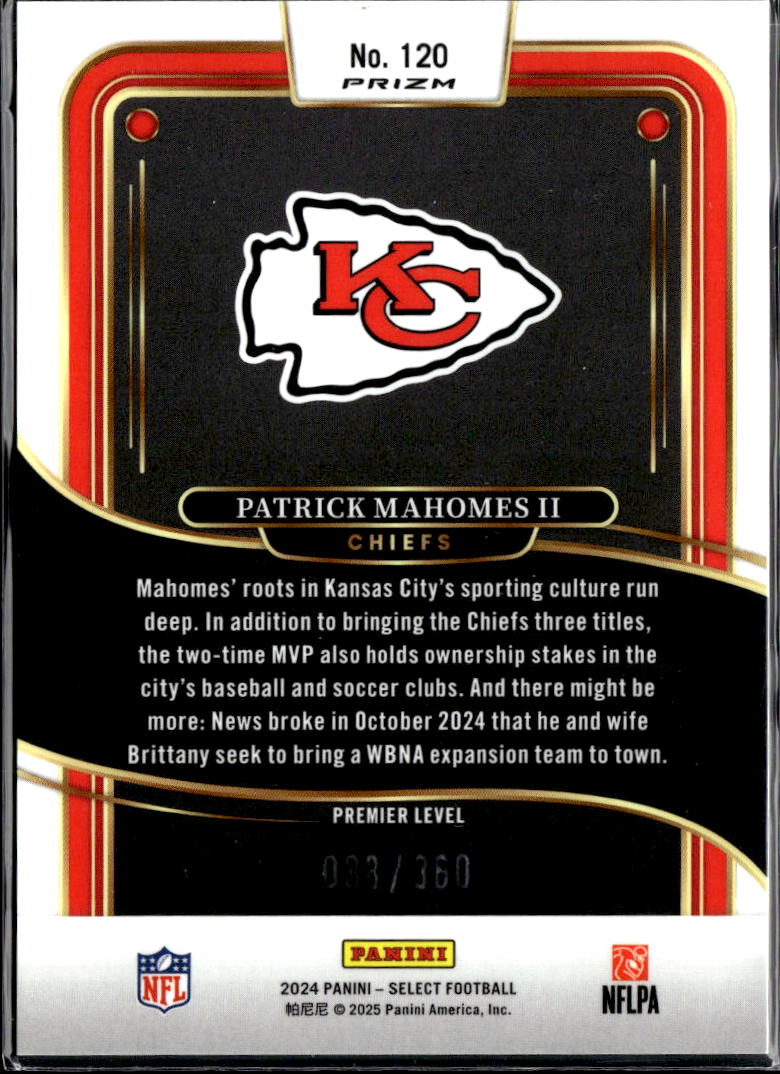 Patrick Mahomes II 2024 Select Purple Shock Prizm 88/360 Kansas City Chiefs