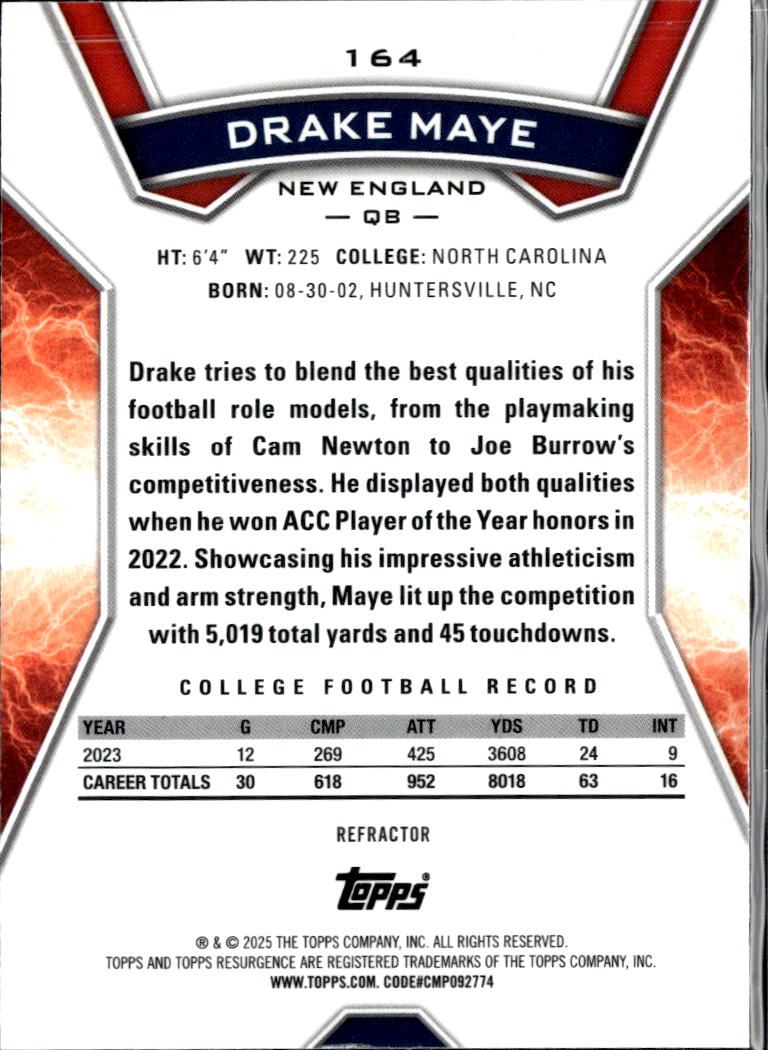 Drake Maye 2025 Topps Resurgence Rookie RC Refractor New England Patriots