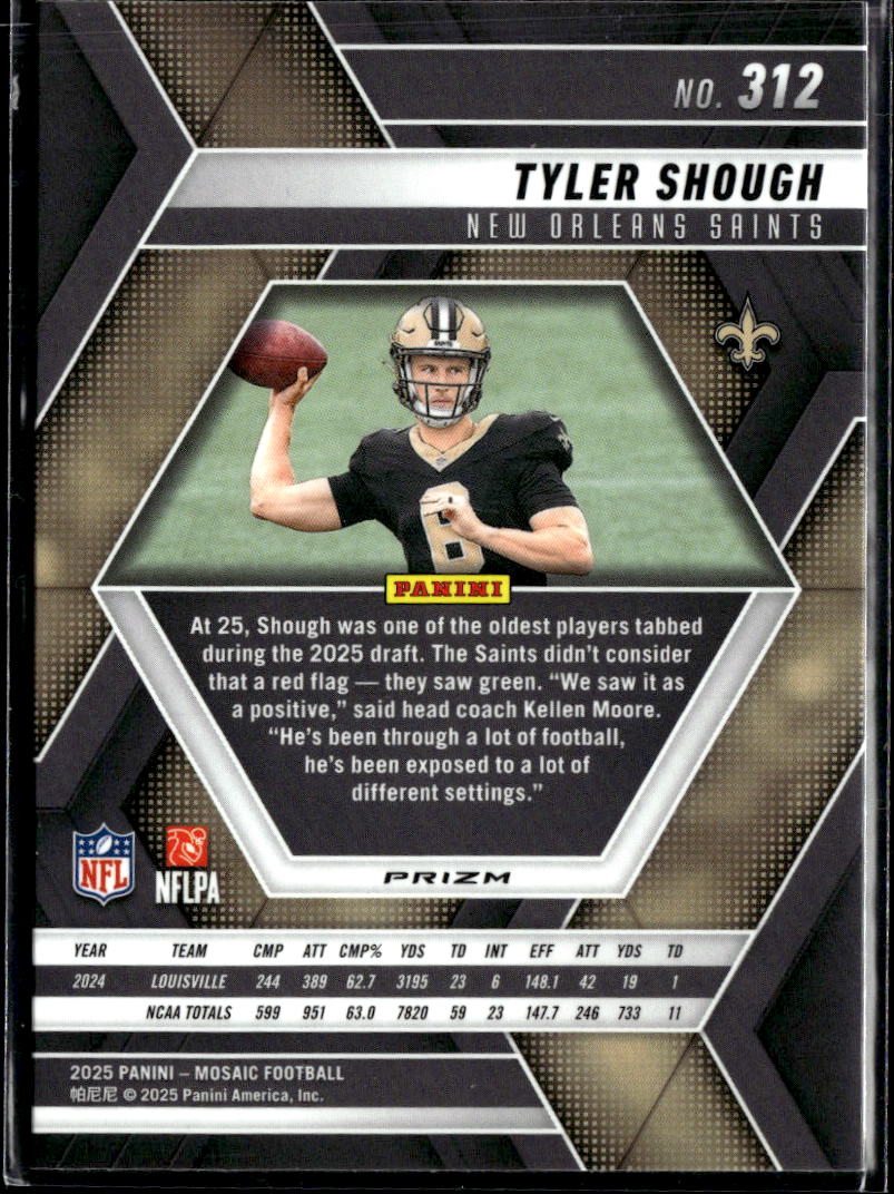 Tyler Shough 2025 Panini Mosaic Prizm RC Purple New Orleans Saints