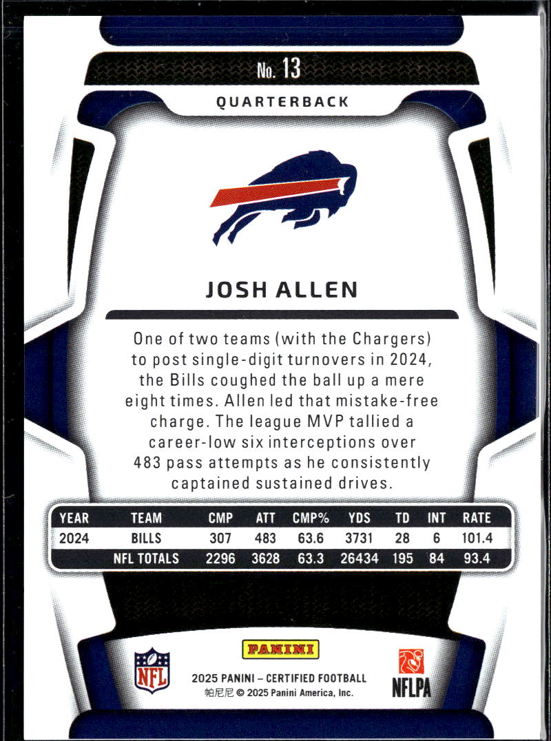 Josh Allen 2025 Certified Mirror Silver 8/399 #13 Buffalo Bills