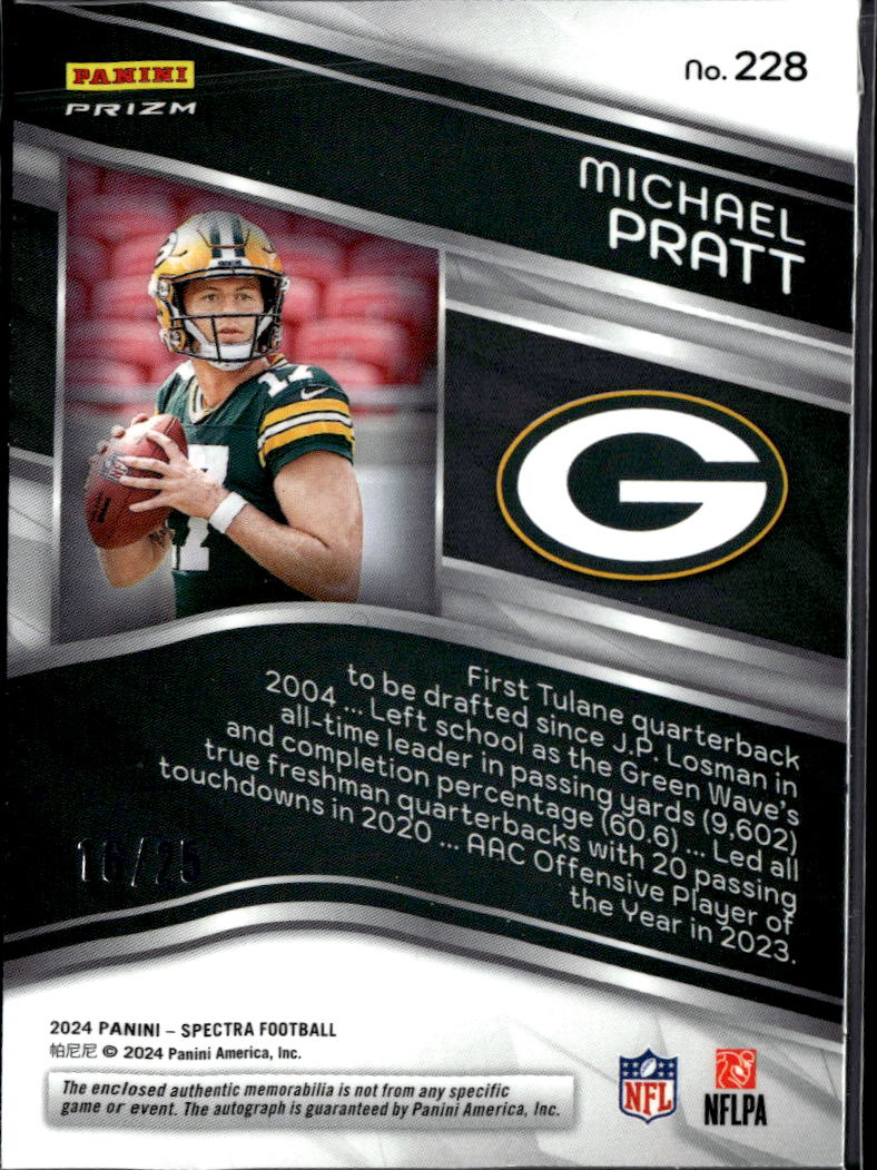 Michael Pratt 2024 Spectra Auto Autograph Patch RC 16/25 Green Bay Packers