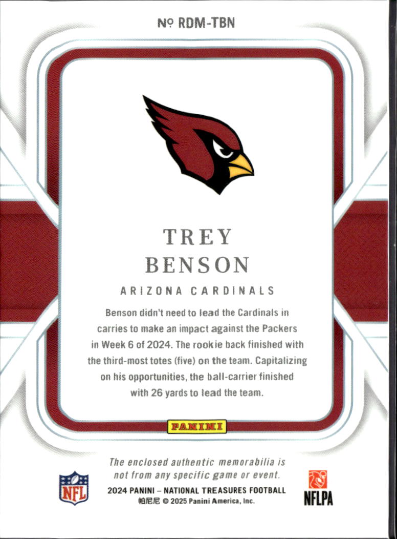 Trey Benson 2024 National Treasures Dual Jersey Patch RC 74/99 Arizona Cardinals