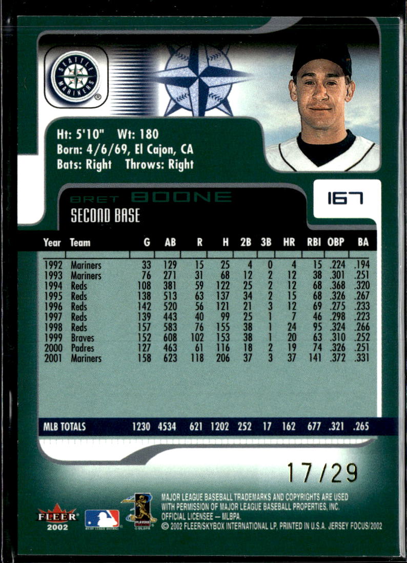 Bret Boone 2002 Fleer Focus Jersey Edition SSP 17/29 #167 Seattle Mariners