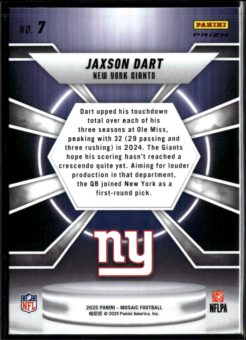 Jaxson Dart 2025 Mosaic Center Stage Silver Prizm Rookie RC New York Giants