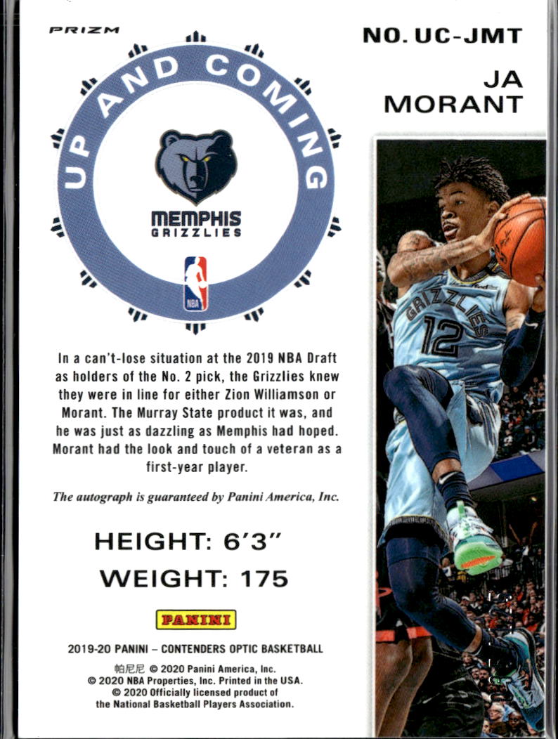 Ja Morant 2019-20 Contenders Optic Auto Autograph RC 35/125 Memphis Grizzlies