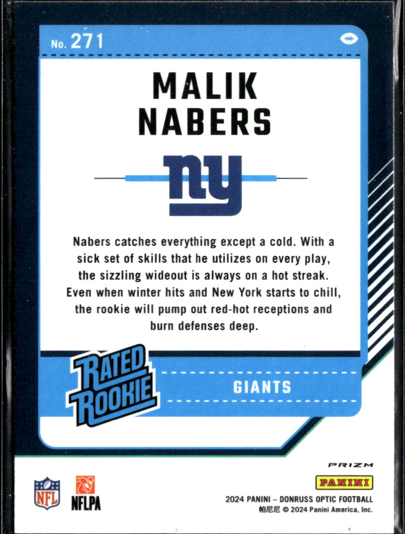 Malik Nabers 2024 Optic Rated Rookie RC Silver Holo Prizm New York Giants