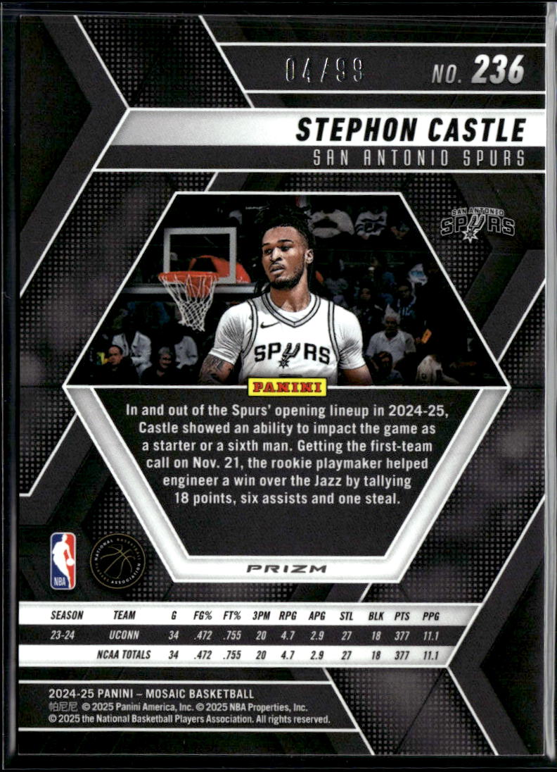 Stephon Castle 2024-25 Mosaic Purple Prizm Rookie RC 4/99 San Antonio Spurs