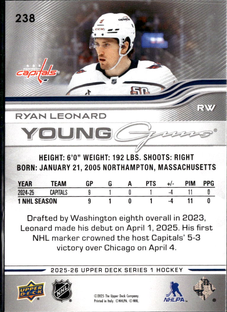 Ryan Leonard 2025-26 Upper Deck Series 1 Young Guns Rookie Washington Capitals