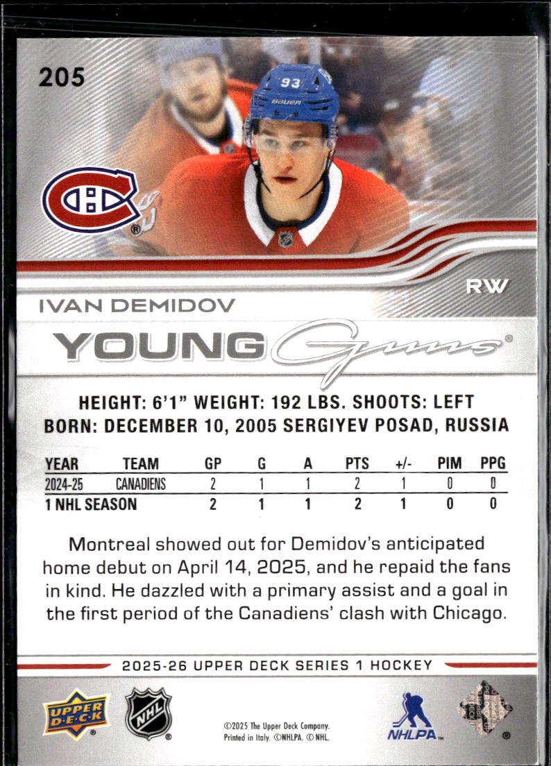 Ivan Demidov 2025-25 Upper Deck Series 1 Young Guns RC Montreal Canadiens