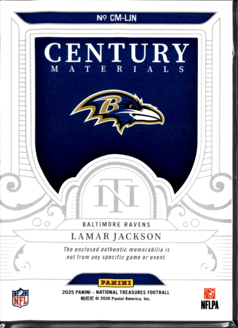 Lamar Jackson 2025 National Treasures Jersey Patch 13/25 Baltimore Ravens