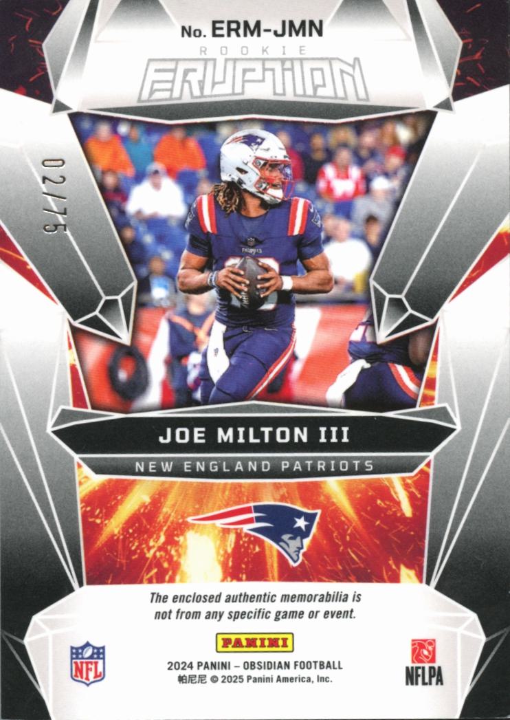 Joe Milton III 2024 Obsidian Eruption Patch RC 2/75 New England Patriots