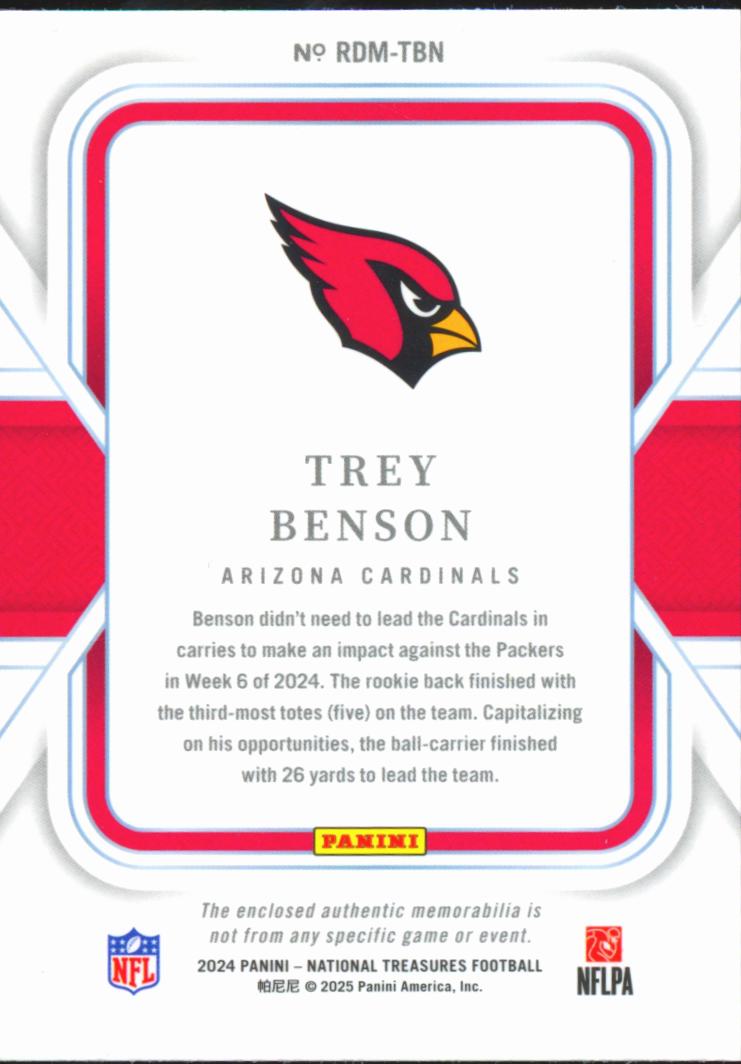 Trey Benson 2024 National Treasures Jersey Patch SSP RC 3/5 Arizona Cardinals