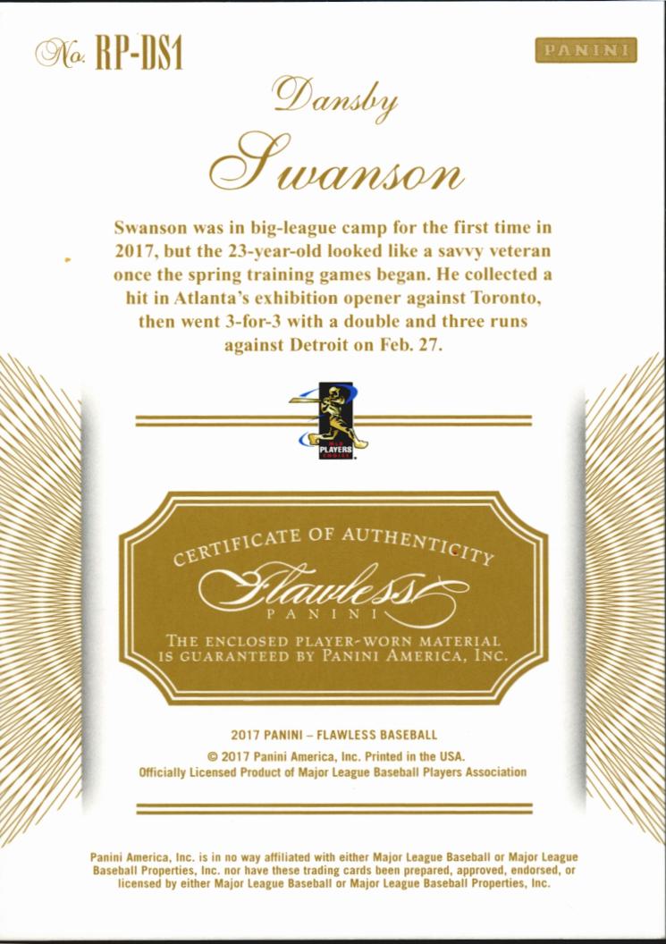 Dansby Swanson 2017 Flawless Jersey Patch RC 5/10 Atlanta Braves