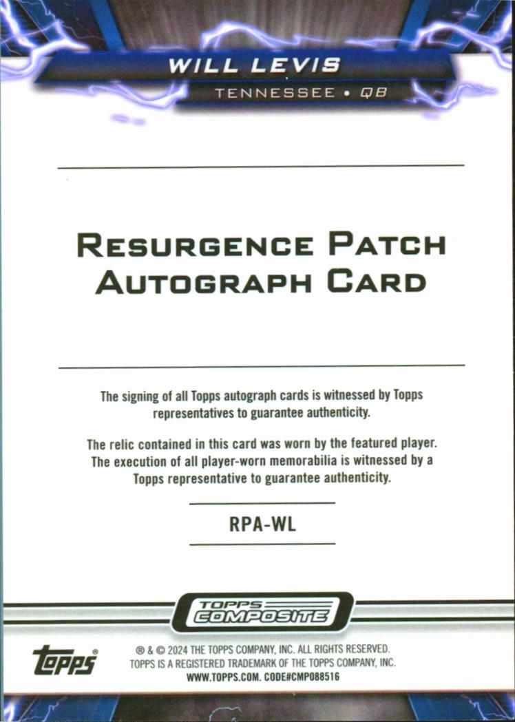 Will Levis 2024 Topps Composite Resurgence Auto Autograph Patch 144/149 Titans