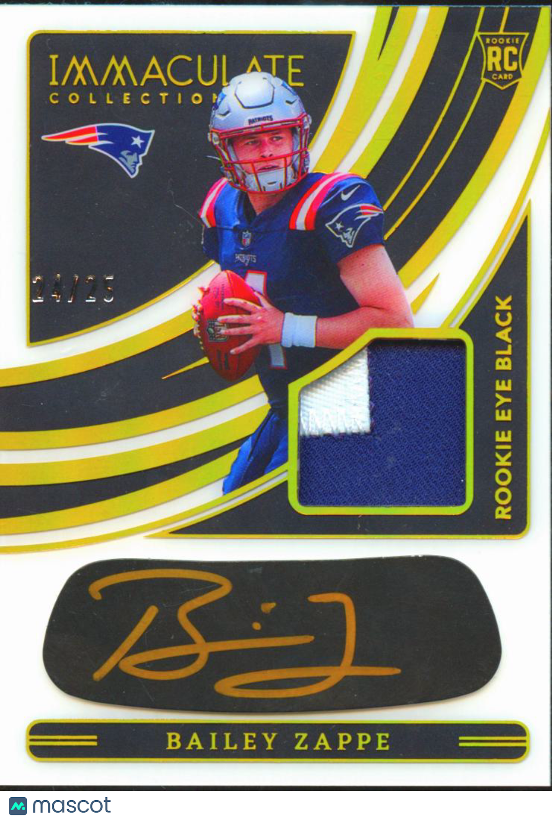Bailey Zappe 2022 Immaculate Eye Black Auto Autograph Patch RC /25 Patriots
