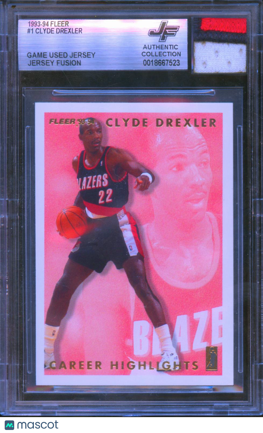 Clyde Drexler 1993-94 Fleer Game Worn Jersey Fusion Patch Trail Blazers Beckett