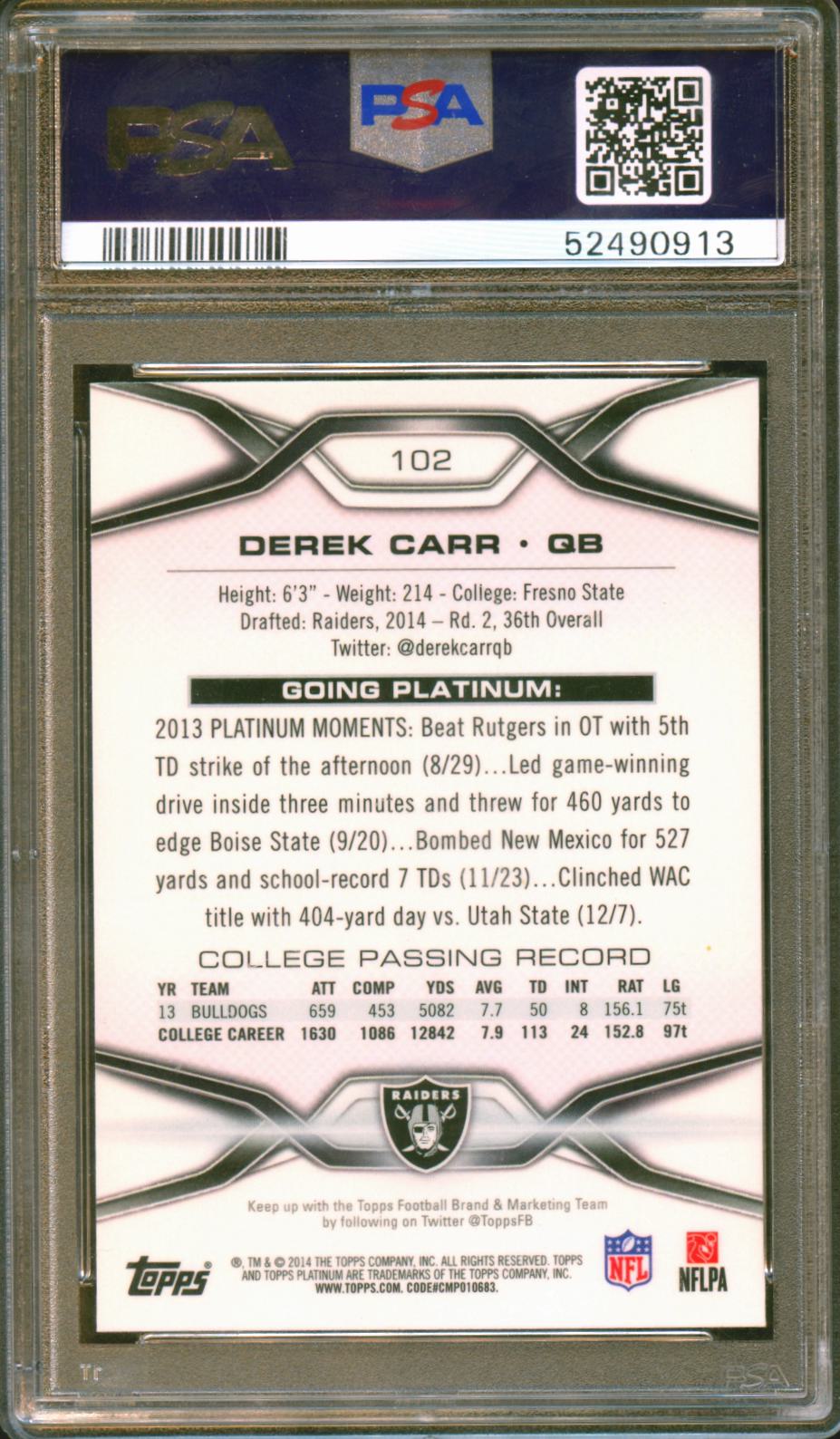 Derek Carr 2014 Topps Platinum Rookie RC Oakland Raiders #102 PSA 10