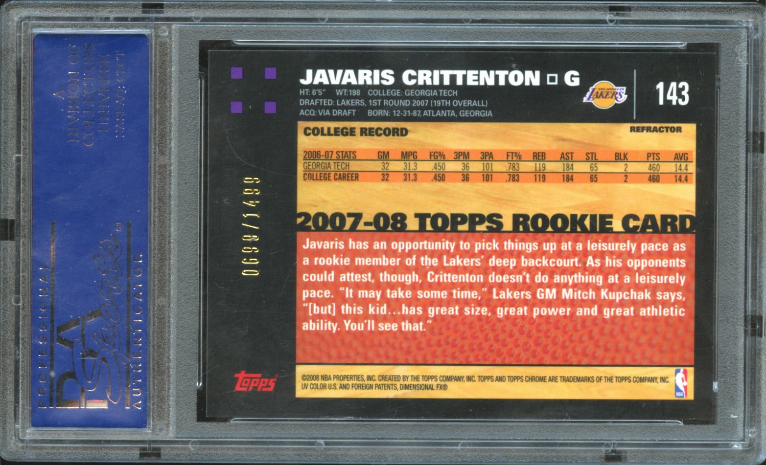 Javaris Crittenton 2007-08 Topps Chrome Refractor Lakers 699/1499 PSA 10