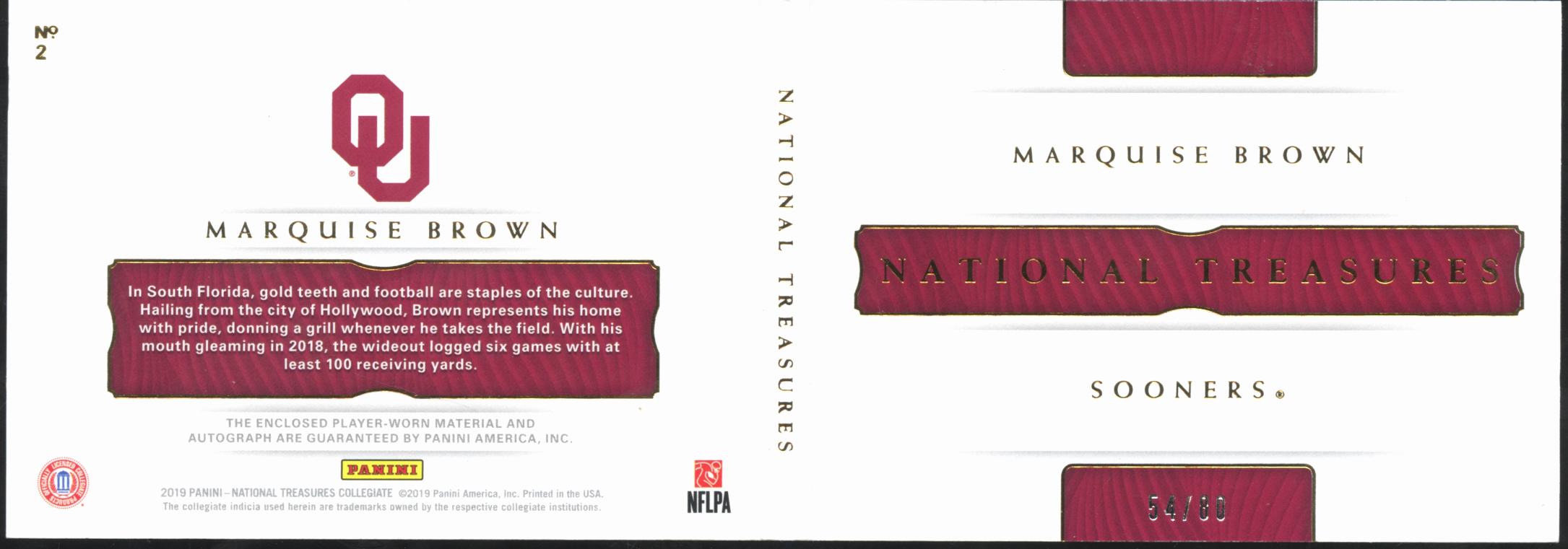 Marquise Brown 2019 National Treasures Auto Autograph Booklet RC 54/80 Sooners