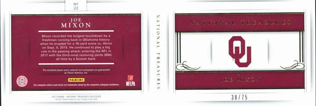 Joe Mixon 2017  National Treasures Auto Autograph Booklet 38/75 Oklahoma Sooners