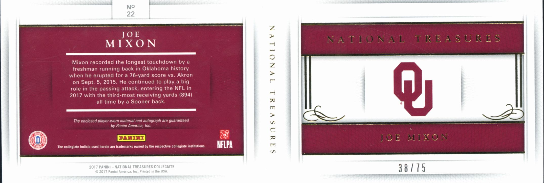 Joe Mixon 2017  National Treasures Auto Autograph Booklet 38/75 Oklahoma Sooners