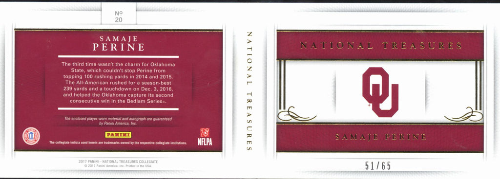 Samaje Perine 2017 National TreasuresAuto Autograph Booklet /65 Oklahoma Sooners