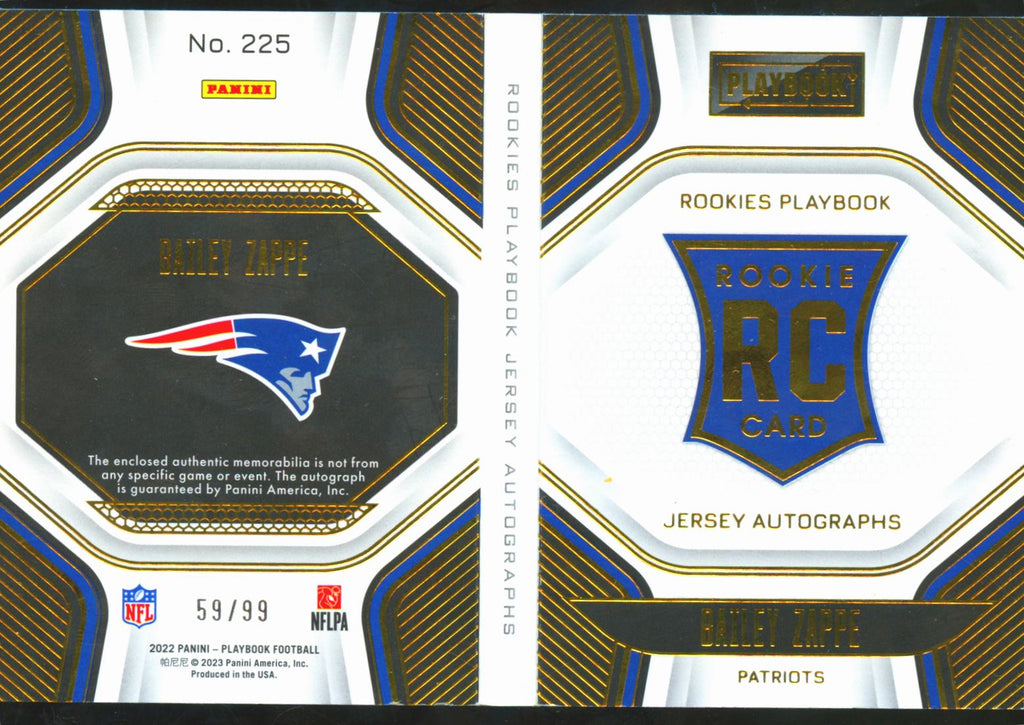 Bailey Zappe 2022 Playbook Auto Autograph Patch Booklet RC 59/99 Patriots