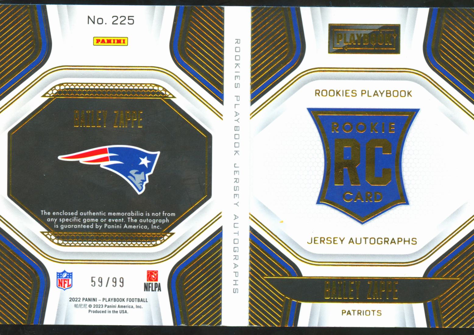 Bailey Zappe 2022 Playbook Auto Autograph Patch Booklet RC 59/99 Patriots