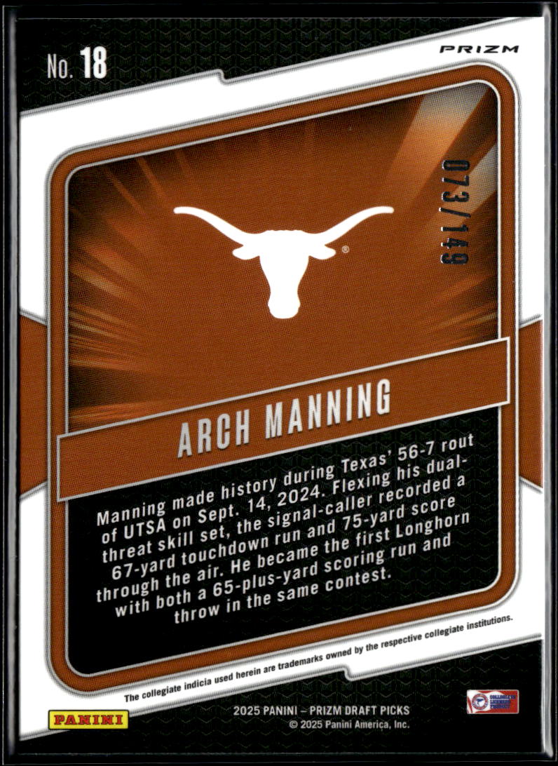 Arch Manning 2025 Prizm Draft Hype Blue Ice Prizm RC 73/149 Texas Longhorns
