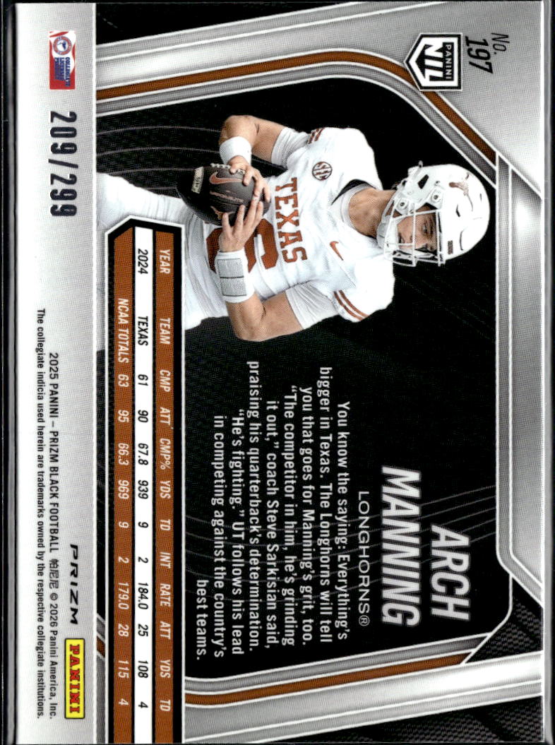 Arch Manning 2026 Panini Prizm Black Red Texas Longhorns