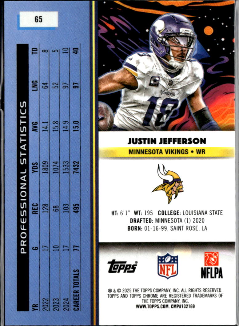 Justin Jefferson 2025 Topps Chrome Cosmic Purple Refractor 54/150 Vikings