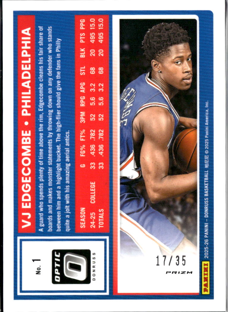 VJ Edgecombe 2025 Optic Rated Rookie Black Velocity RC 17/35 Philadelphia
