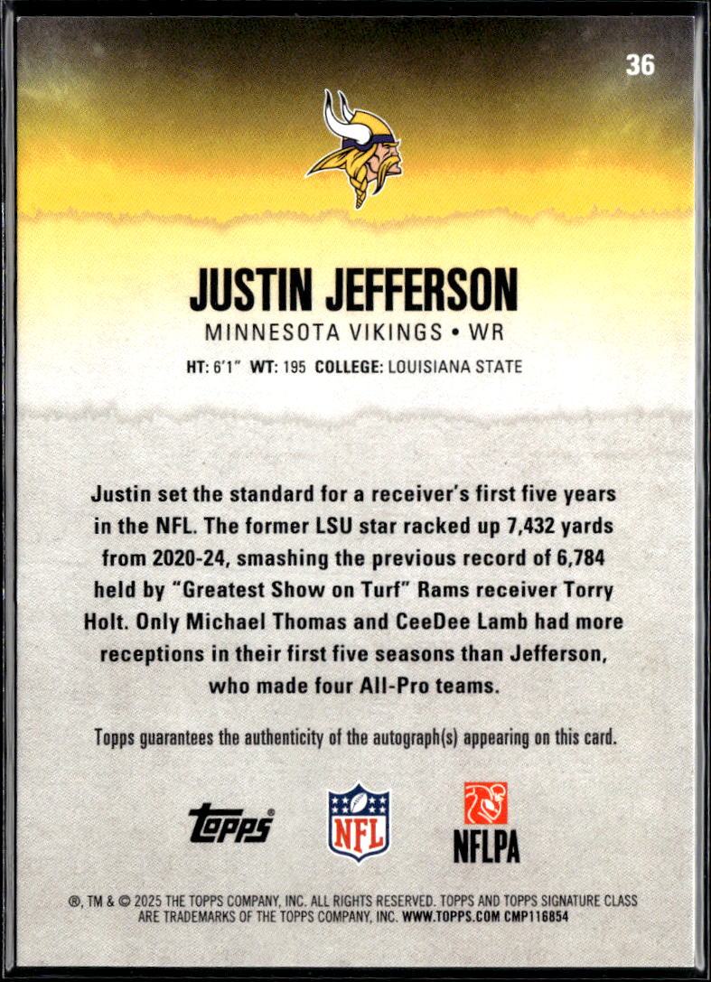 Justin Jefferson 2025 Topps Signature Class Auto Autograph Minnesota Vikings
