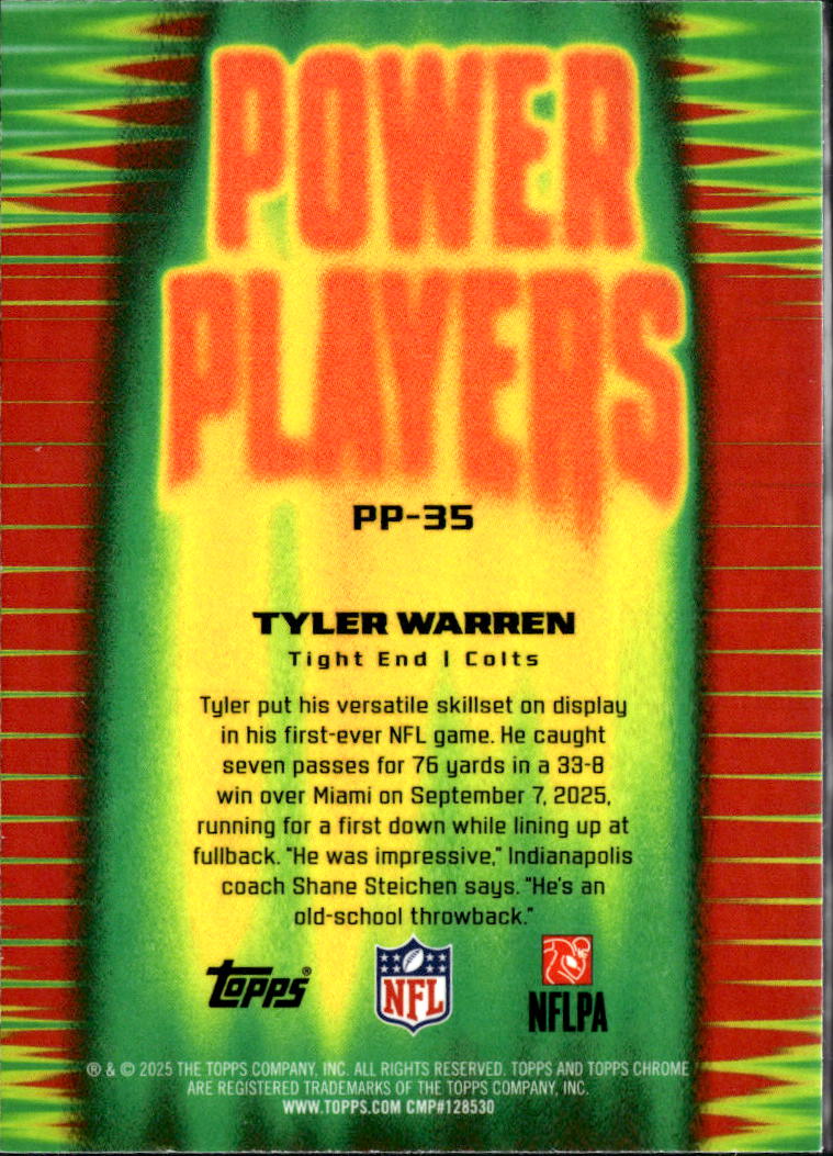 Tyler Warren 2025 Topps Chrome Power Players RC Green Refractor 69/99 Colts