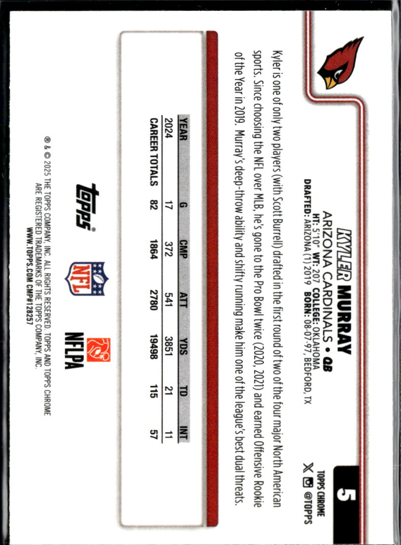 Kyler Murray 2025 Topps Chrome Green Wave Refractor 60/99 Arizona Cardinals