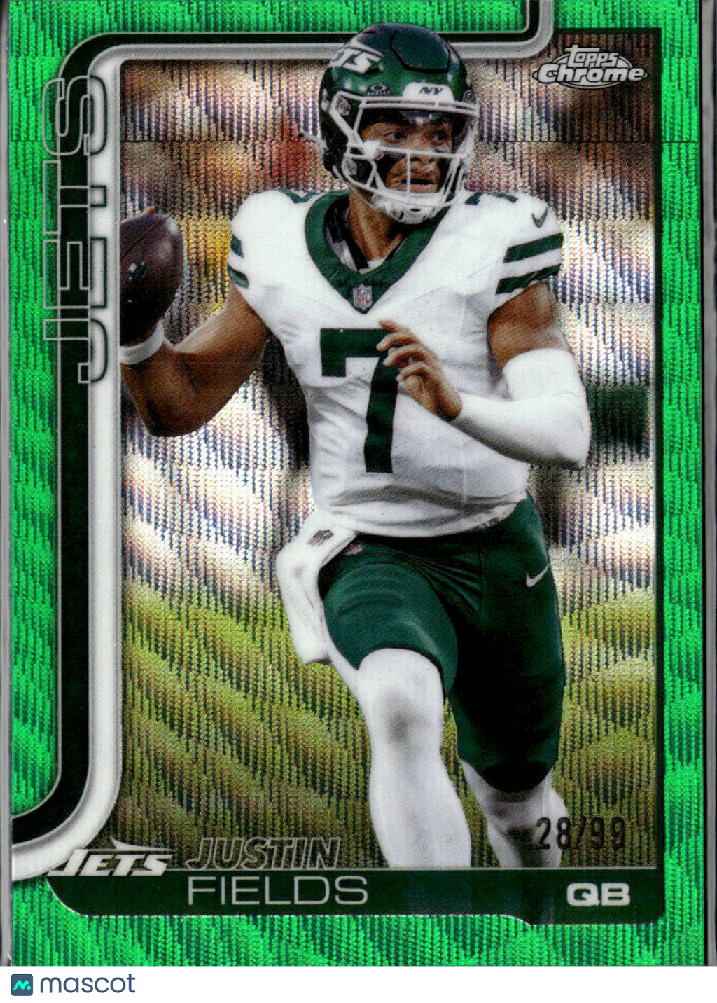 Justin Fields 2025 Topps Chrome Green Wave Refractor 28/99 New York Jets